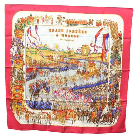 HERMES Carre 90 Scarf ""GRAND CORTEGE A MOSCOU"" Silk Red Auth hk2432 - Picture 2 of 16